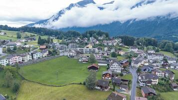 A village with houses and a road, surrounded by mountains and greenery.