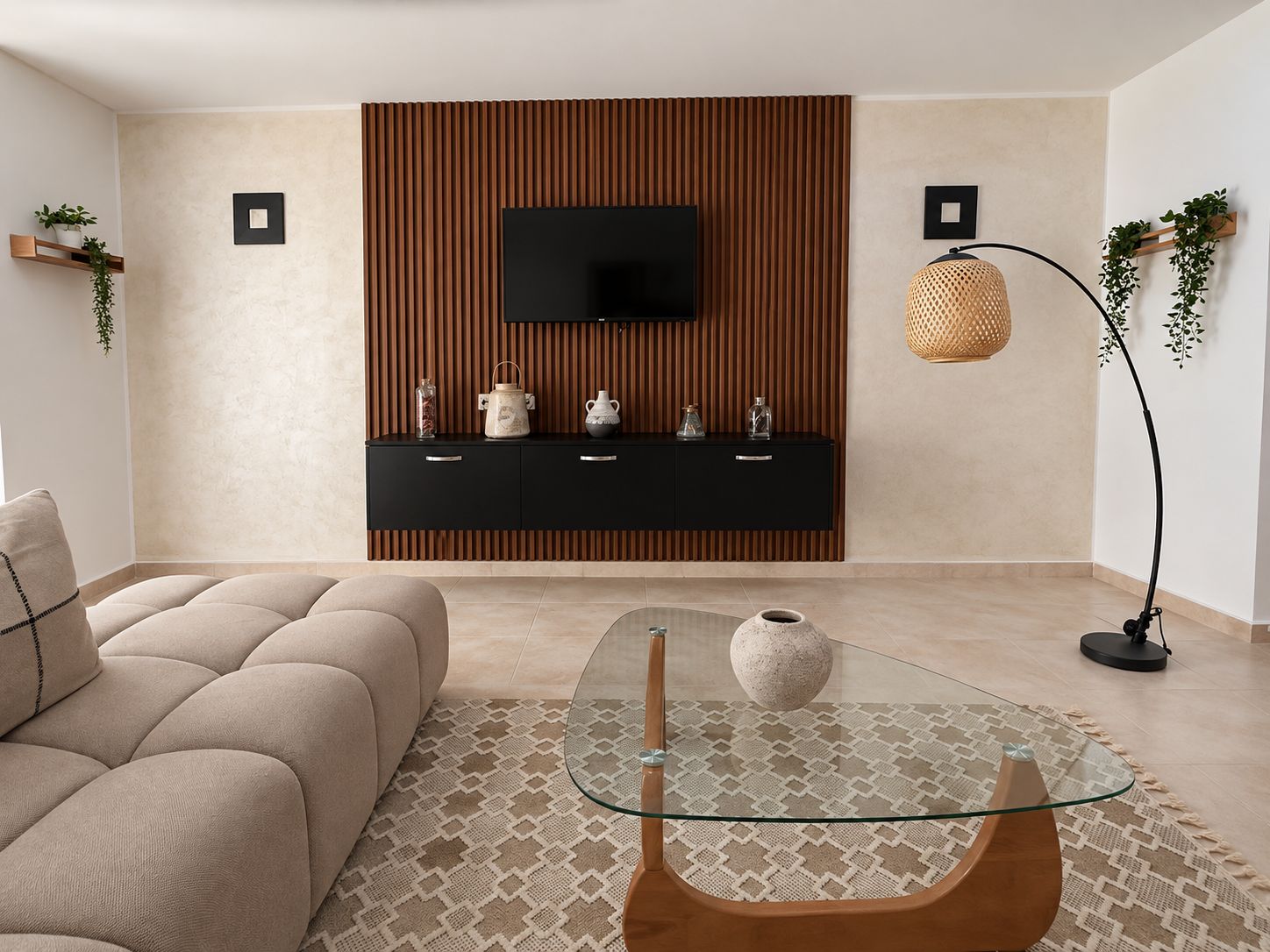 Ein modernes Wohnzimmer mit einer Couch, einem Glastisch, einem an einer Holzwand montierten Fernseher und einer Stehlampe.