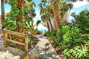 A wooden deck with a pathway surrounded by lush tropical plants and palm trees. - 2 BR/2 BA Beach Front Suite-Kayaks-SUPs-Bikes-Pets (Englewood)
