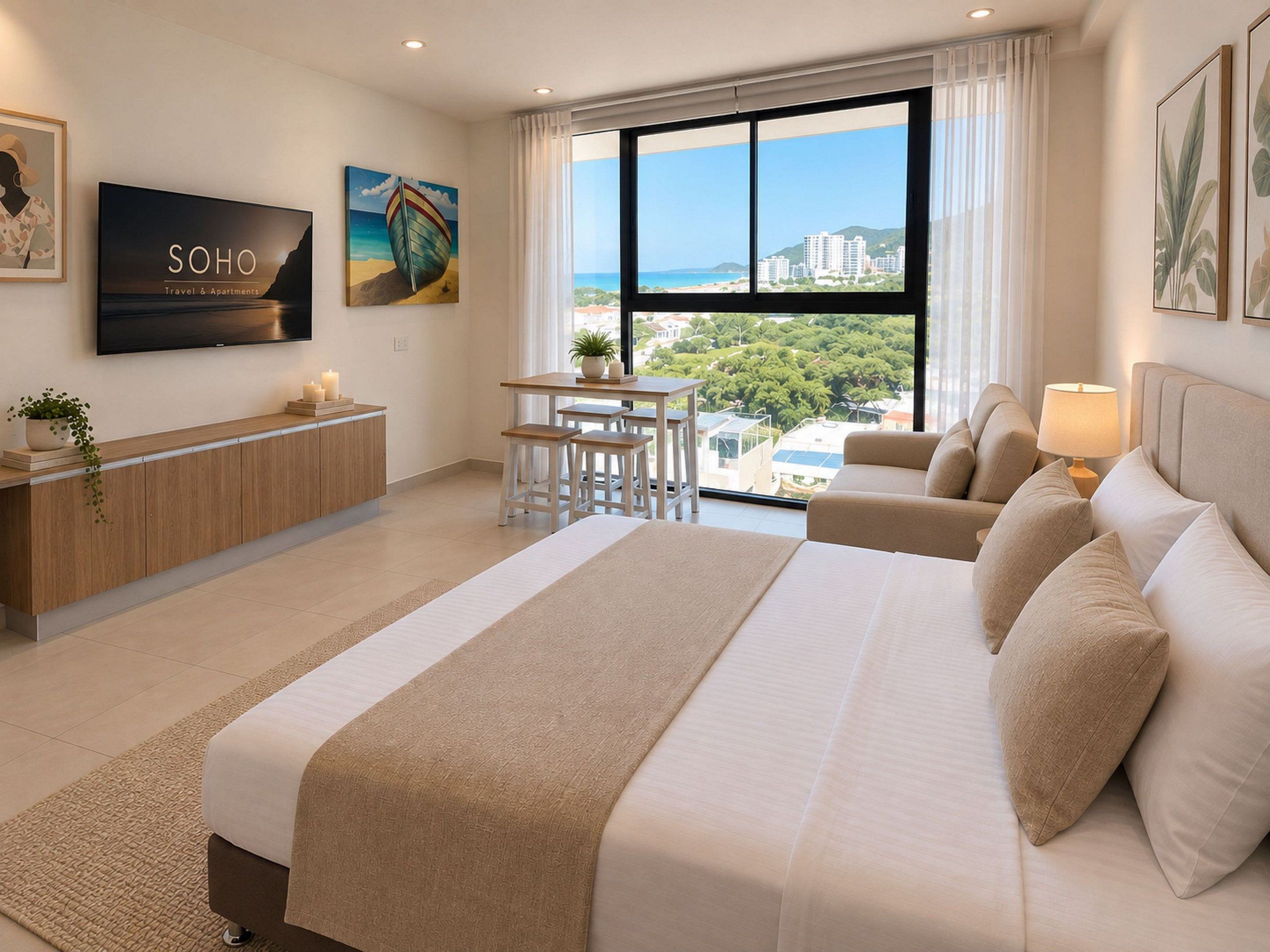 Ein Hotelzimmer mit Bett, Schreibtisch, Fernseher und Blick auf die Stadt.