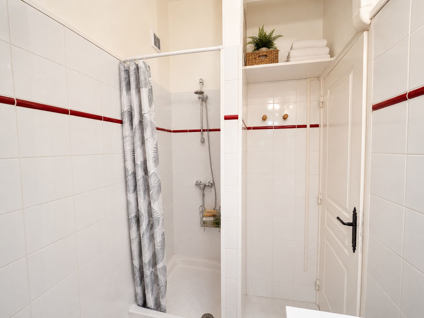A shower area with a showerhead, a glass door, and a towel rack.