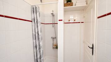 A shower area with a showerhead, a glass door, and a towel rack.