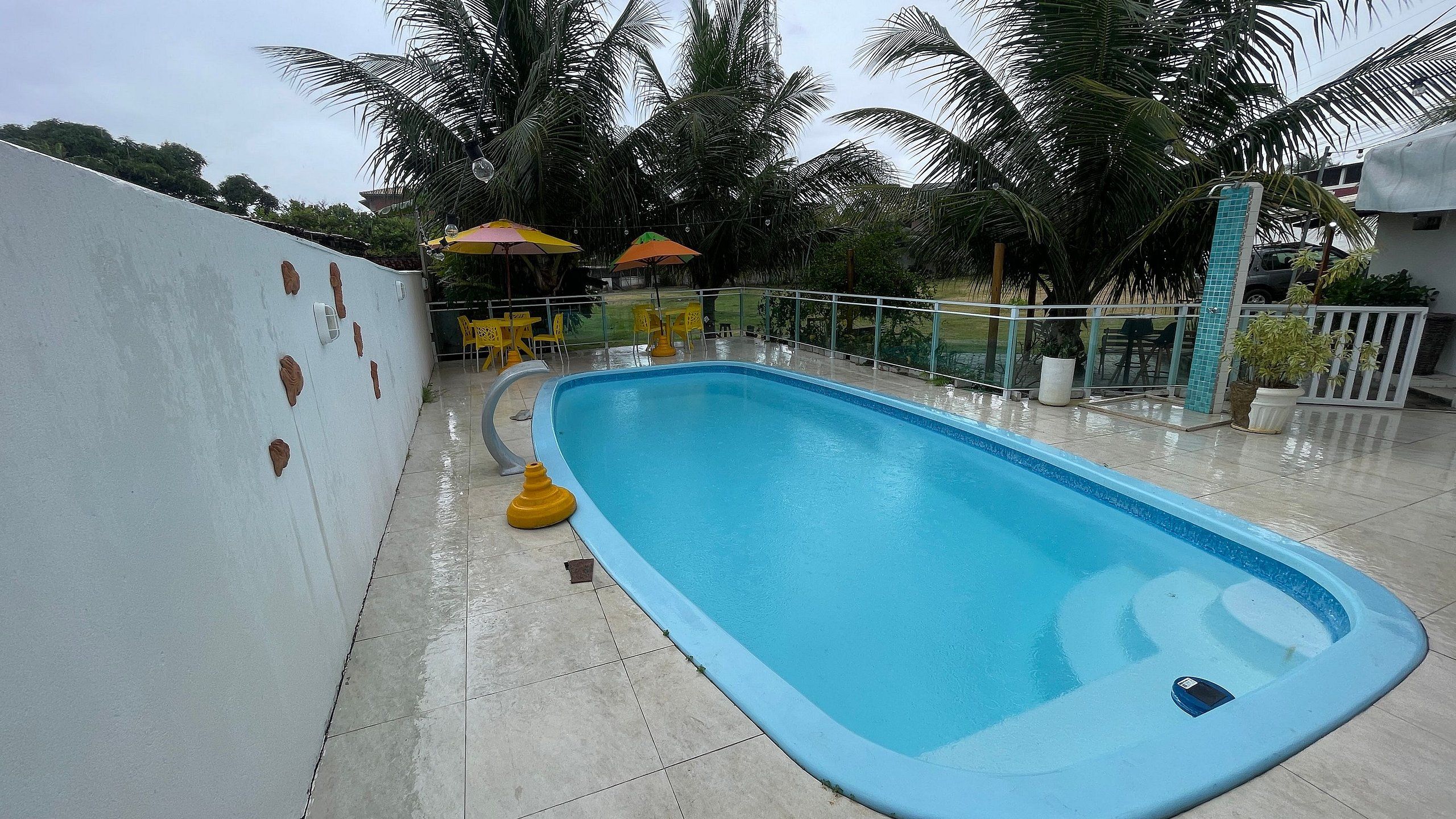 Una piscina con plataforma de baldosas, rodeada de palmeras y mobiliario de exterior.