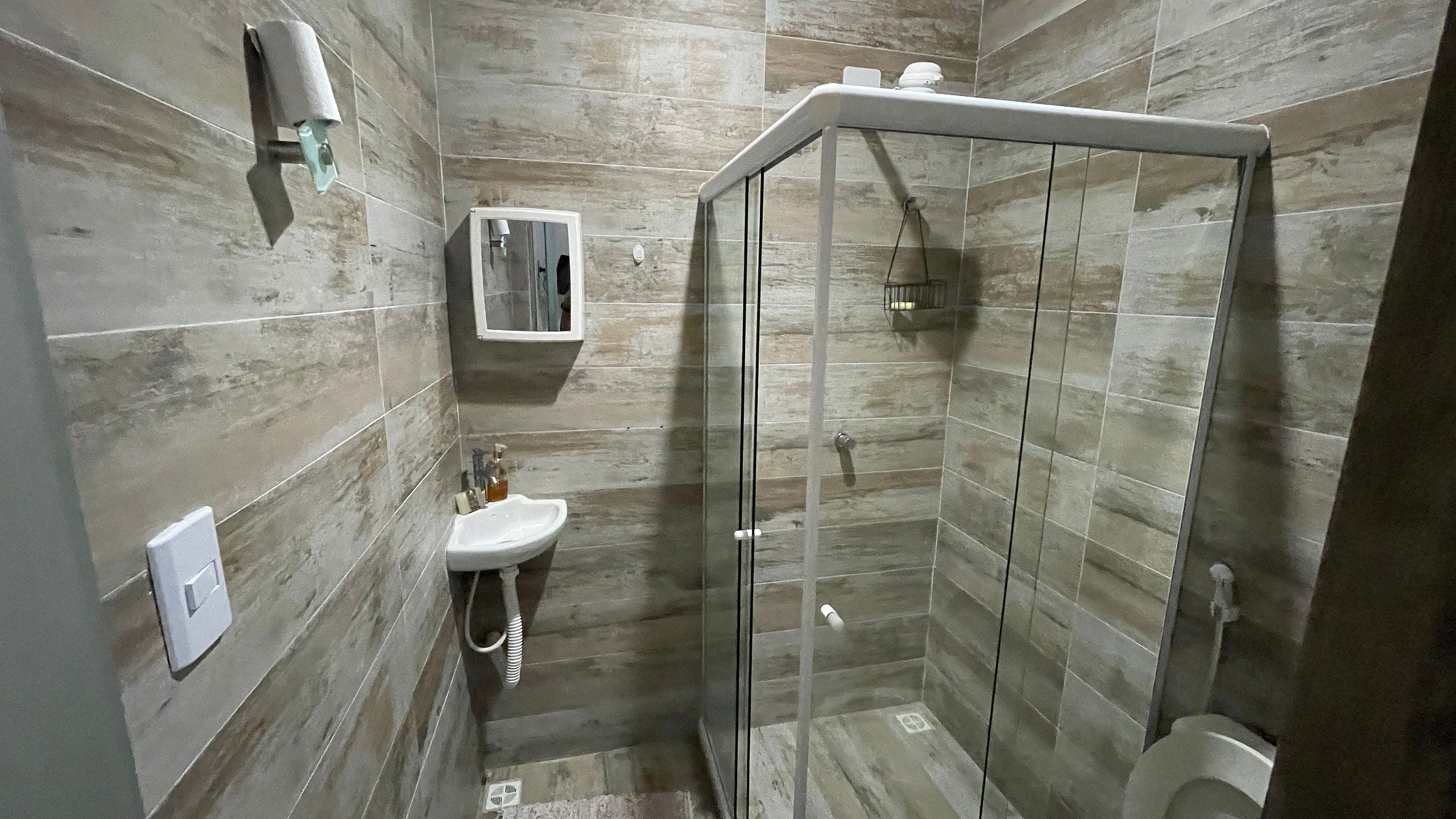 Un baño con ducha separada por vidrio, un lavamanos blanco y un inodoro.