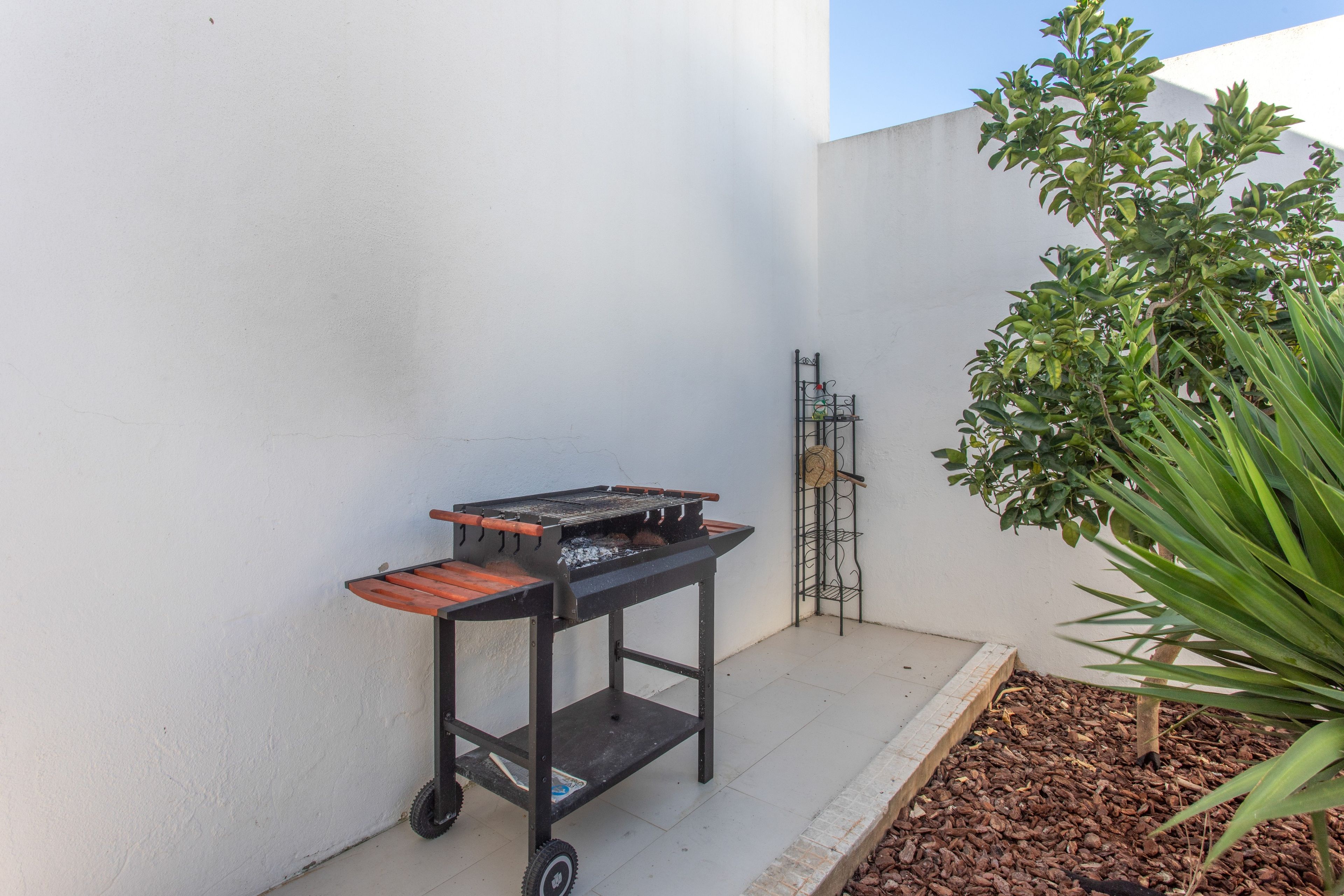 A portable barbecue grill on wheels, a metal rack, and a potted plant in an outdoor area.