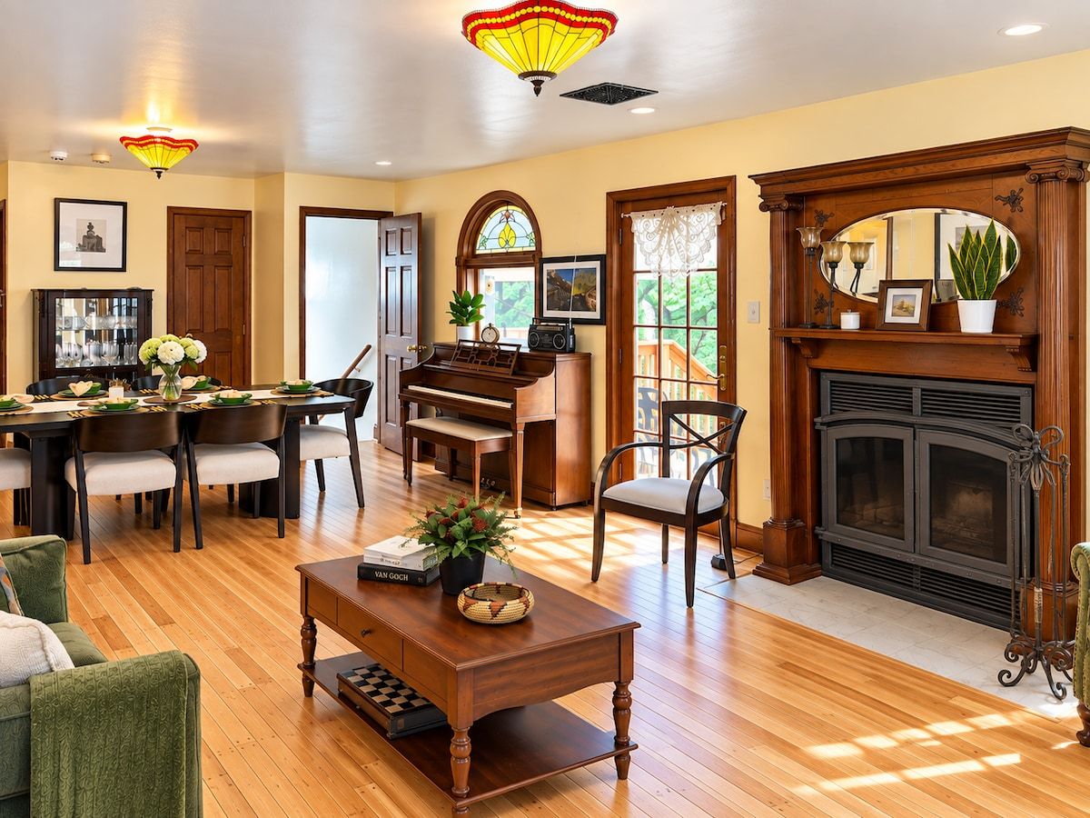 A spacious living room with a piano, dining table, and chairs.