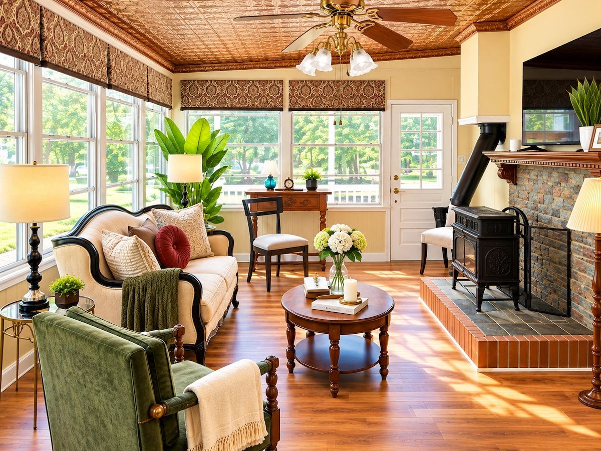 A cozy living room with a fireplace, comfortable seating, and large windows.