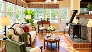 A cozy living room with a fireplace, comfortable seating, and large windows.