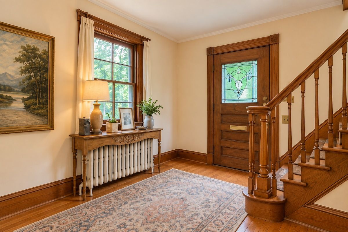 A wooden staircase with a handrail, a radiator below, a patterned rug, a wooden console table with a lamp, and a door with a stained glass window.