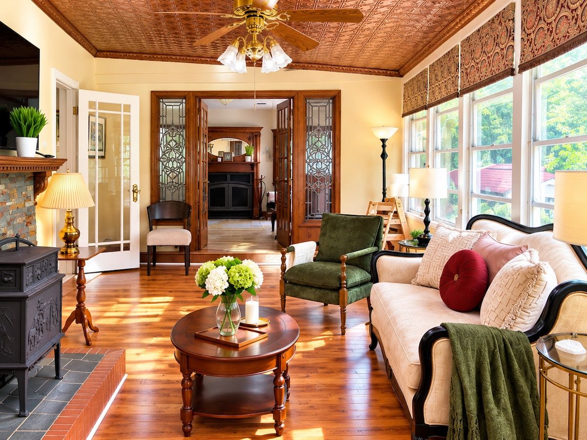 A spacious living room with a wooden floor, a green armchair, a sofa with decorative pillows, and a table with a vase of flowers.
