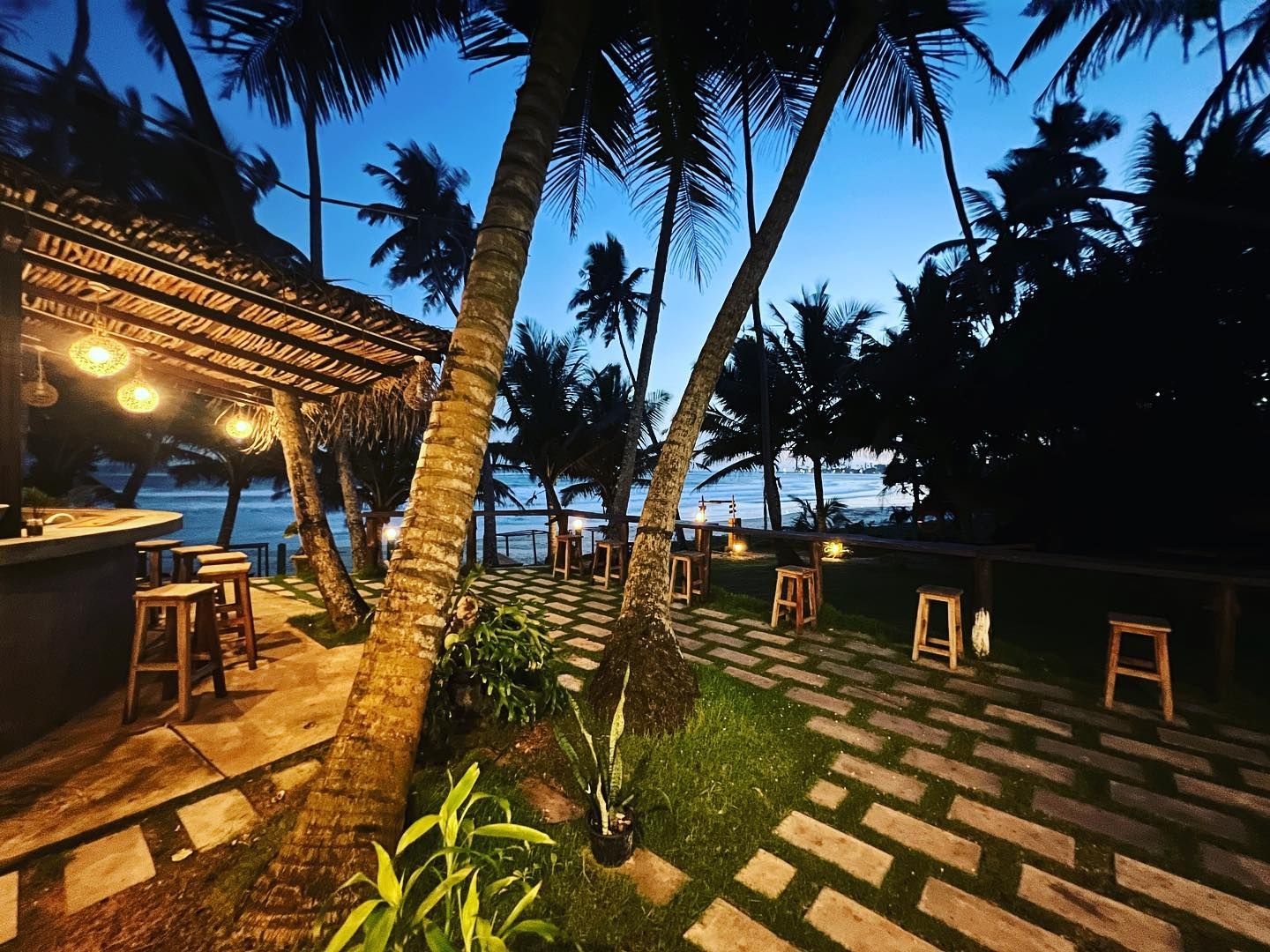Un área de estar al aire libre con ambiente tropical, suelo a cuadros, palmeras y un bar con taburetes.