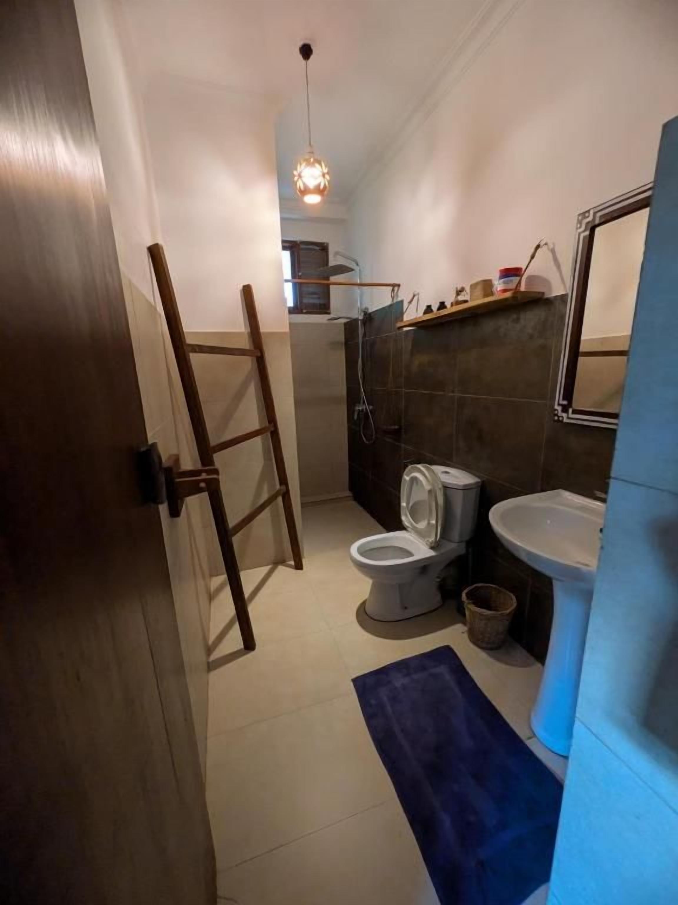 A bathroom with a toilet, bidet, sink, and a blue rug on the floor.