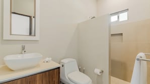 A bathroom with a sink, toilet, and shower area. - Brisa  (Cancún)