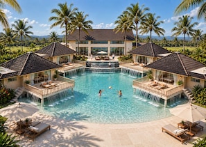 A resort with a central pool, connected to multiple overwater bungalows, surrounded by palm trees and a mountainous backdrop. - Miara Oasis - Celebrity Retreat in Casa de Campo (La Romana)