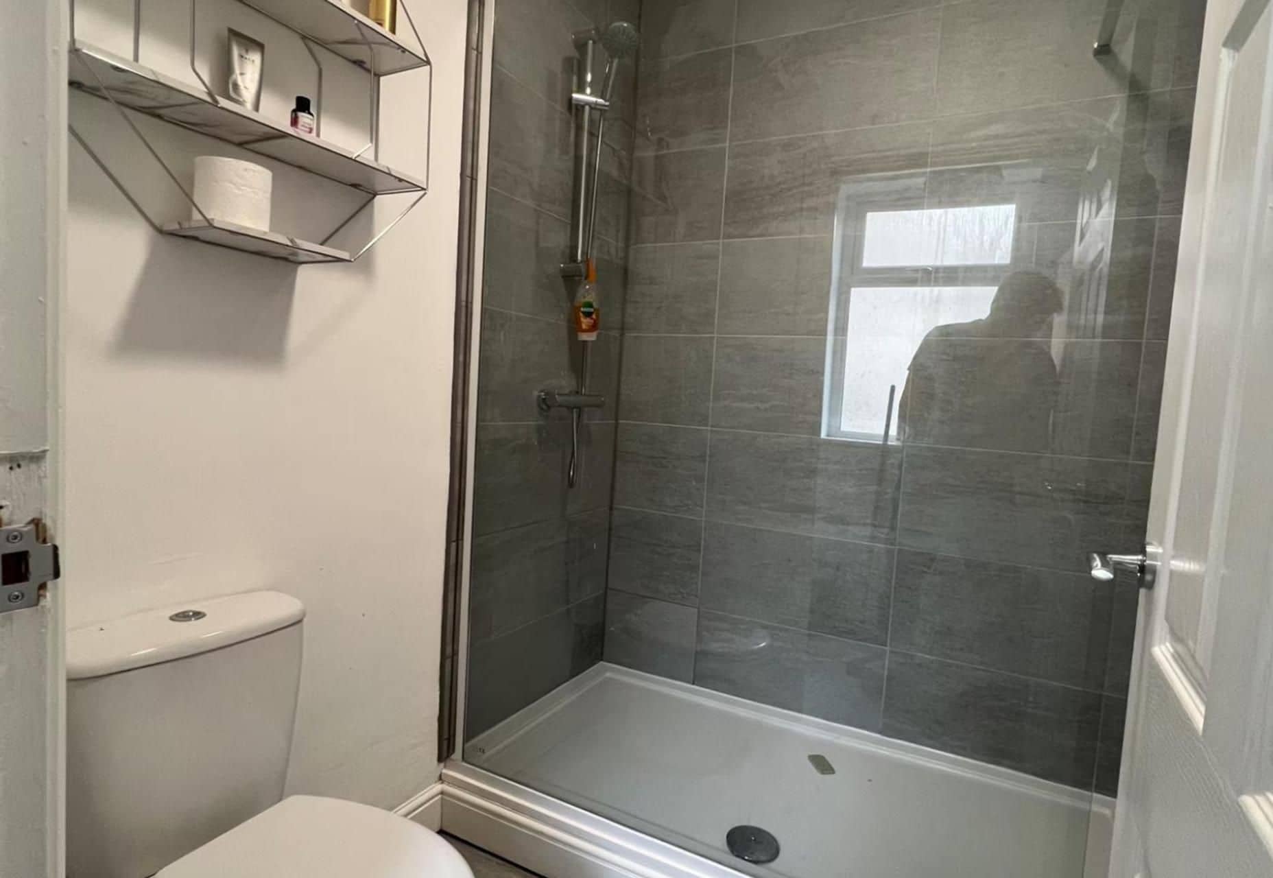 A shower room with a glass door, a toilet, and a shelf with toiletries.