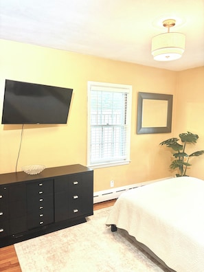 A bedroom with a bed, a dresser, a television, a window with blinds, and a plant.