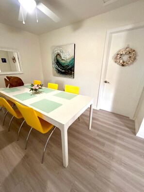 Un coin repas avec une table blanche, des chaises jaunes et un tableau accroché au mur.