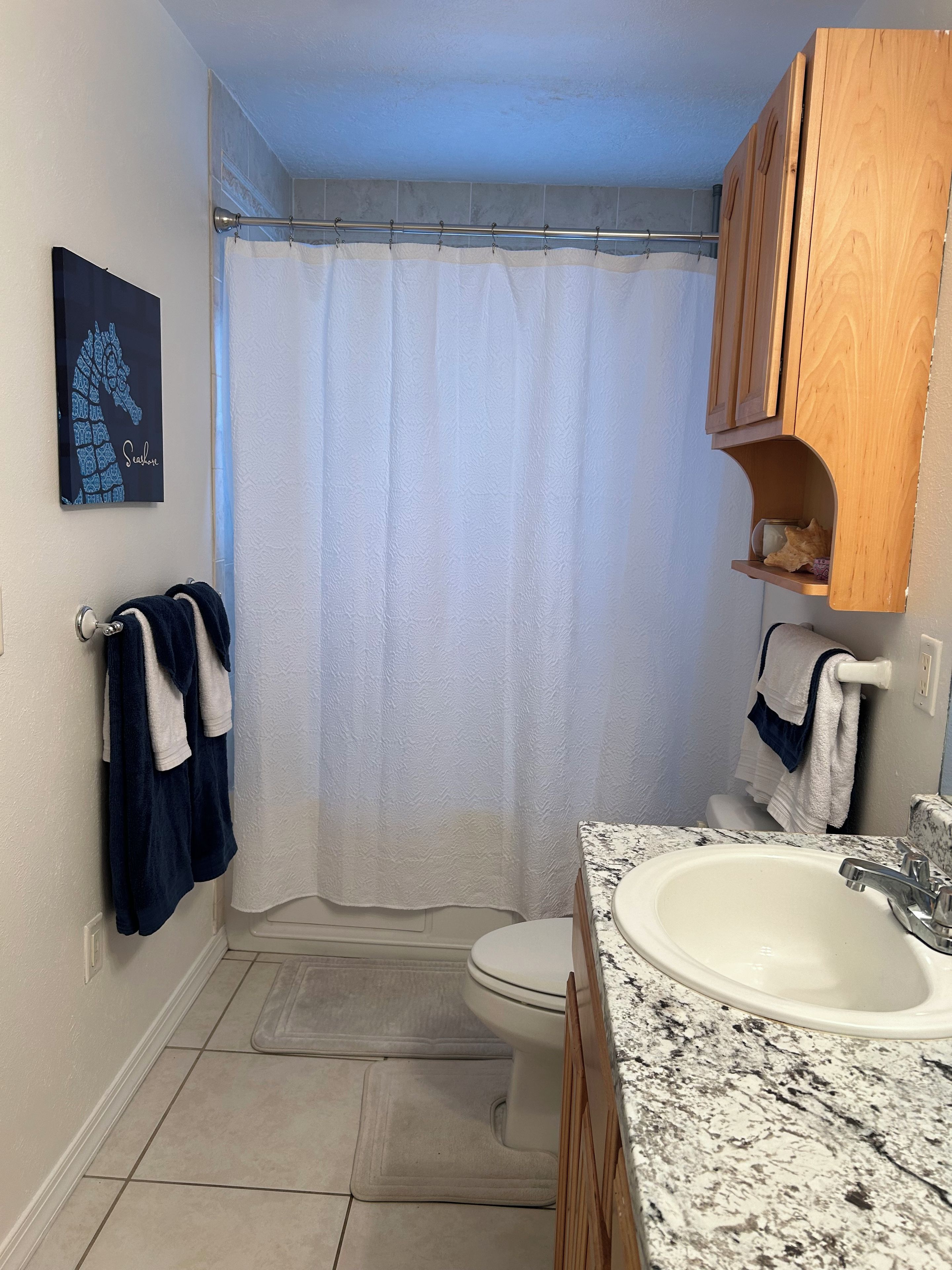 A bathroom with a shower curtain, a toilet, a sink, and a towel rack.