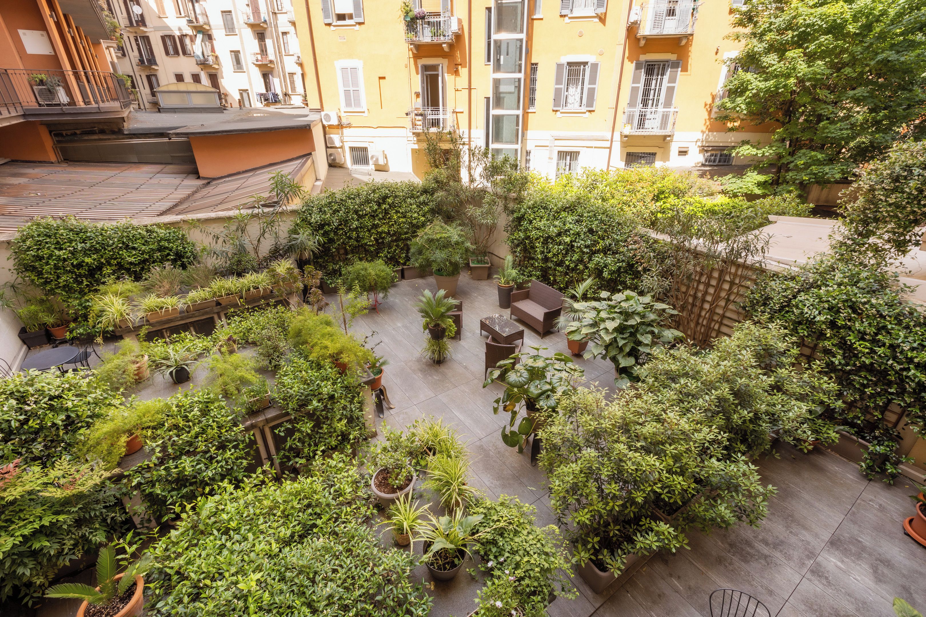 An outdoor courtyard with potted plants, seating areas, and a view of surrounding buildings.