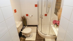A bathroom with a glass-enclosed shower, a toilet, and a sink. - Teresa's Cottage (Bruckless)