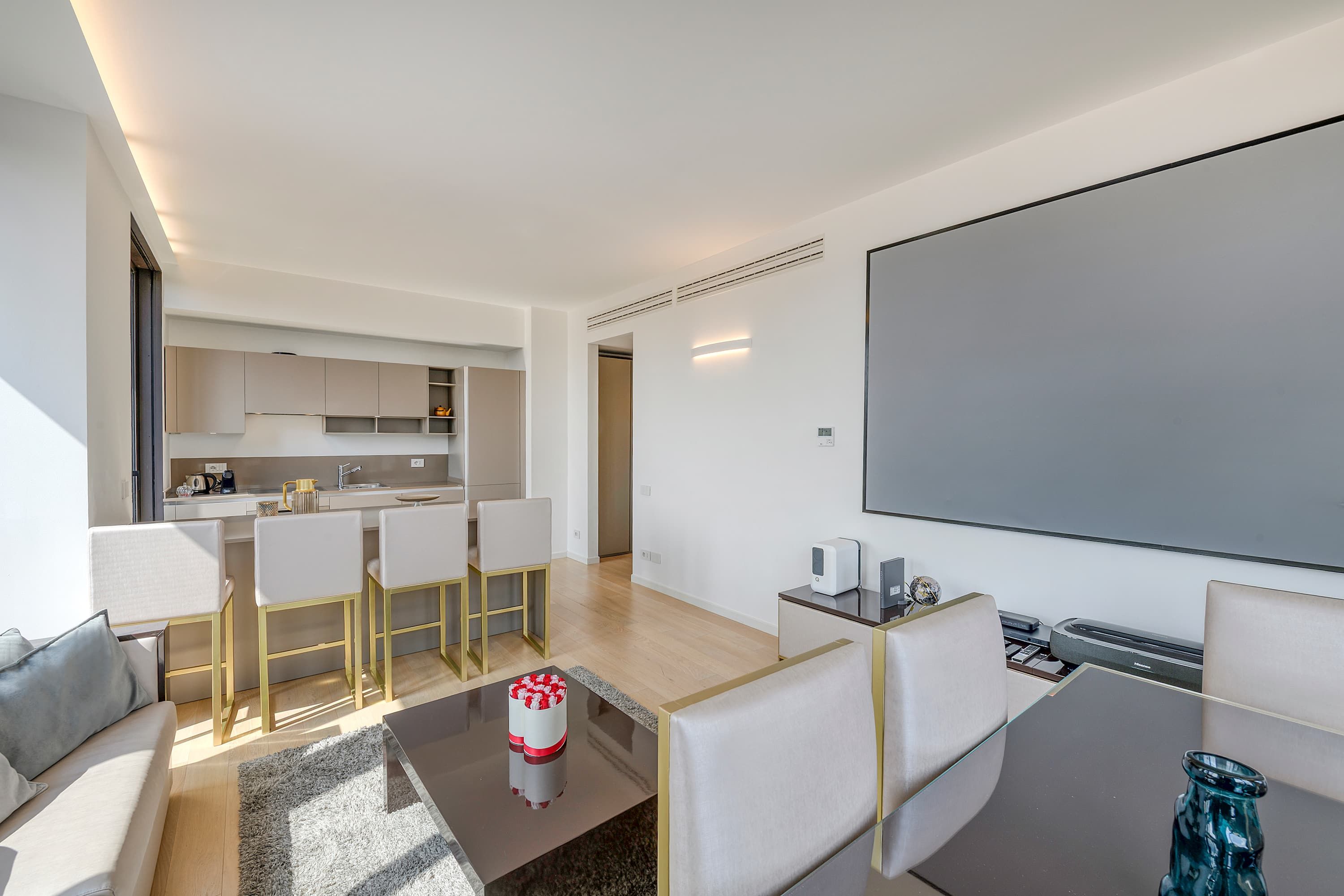 Un soggiorno moderno con una TV a schermo piatto, un tavolino da caffè e un divano. Si intravede in secondo piano una zona cucina con un set tavolo e sedie.