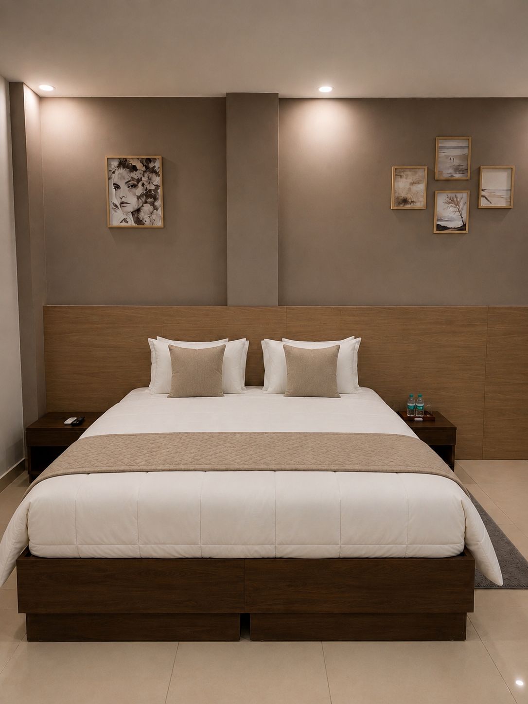 A modern bedroom with a large bed, wooden headboard, and bedside tables.