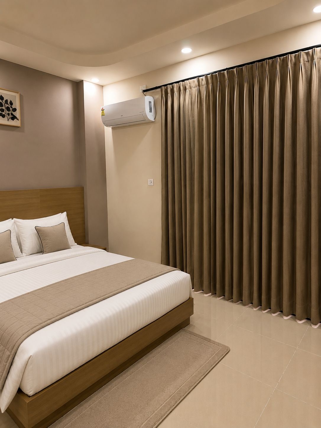 A hotel room with a large bed, a headboard, a wall-mounted air conditioner, and a window with curtains.