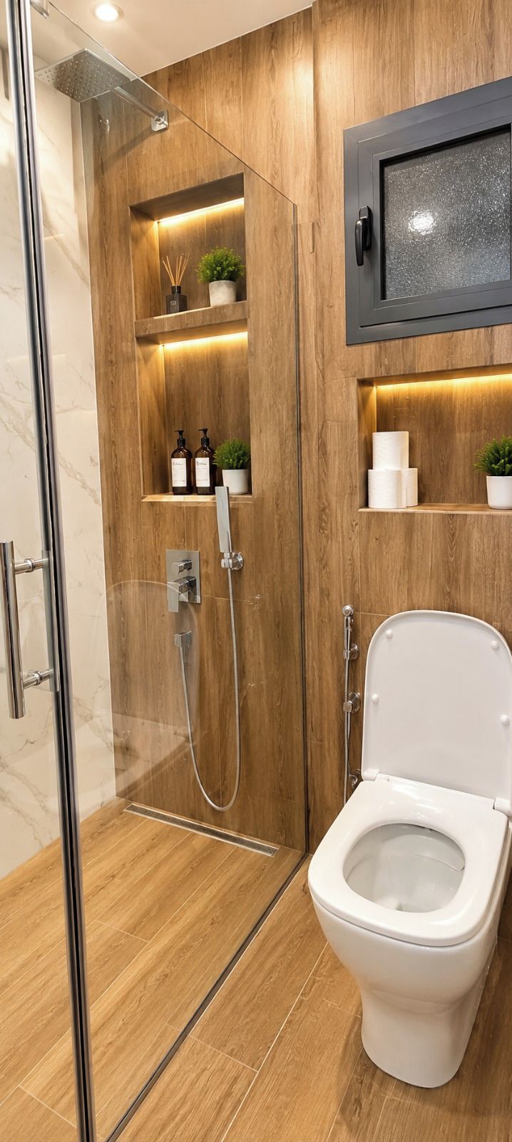 Une salle de bain moderne avec une douche à parois de verre, des toilettes et des étagères en bois où sont rangés les produits de toilette.