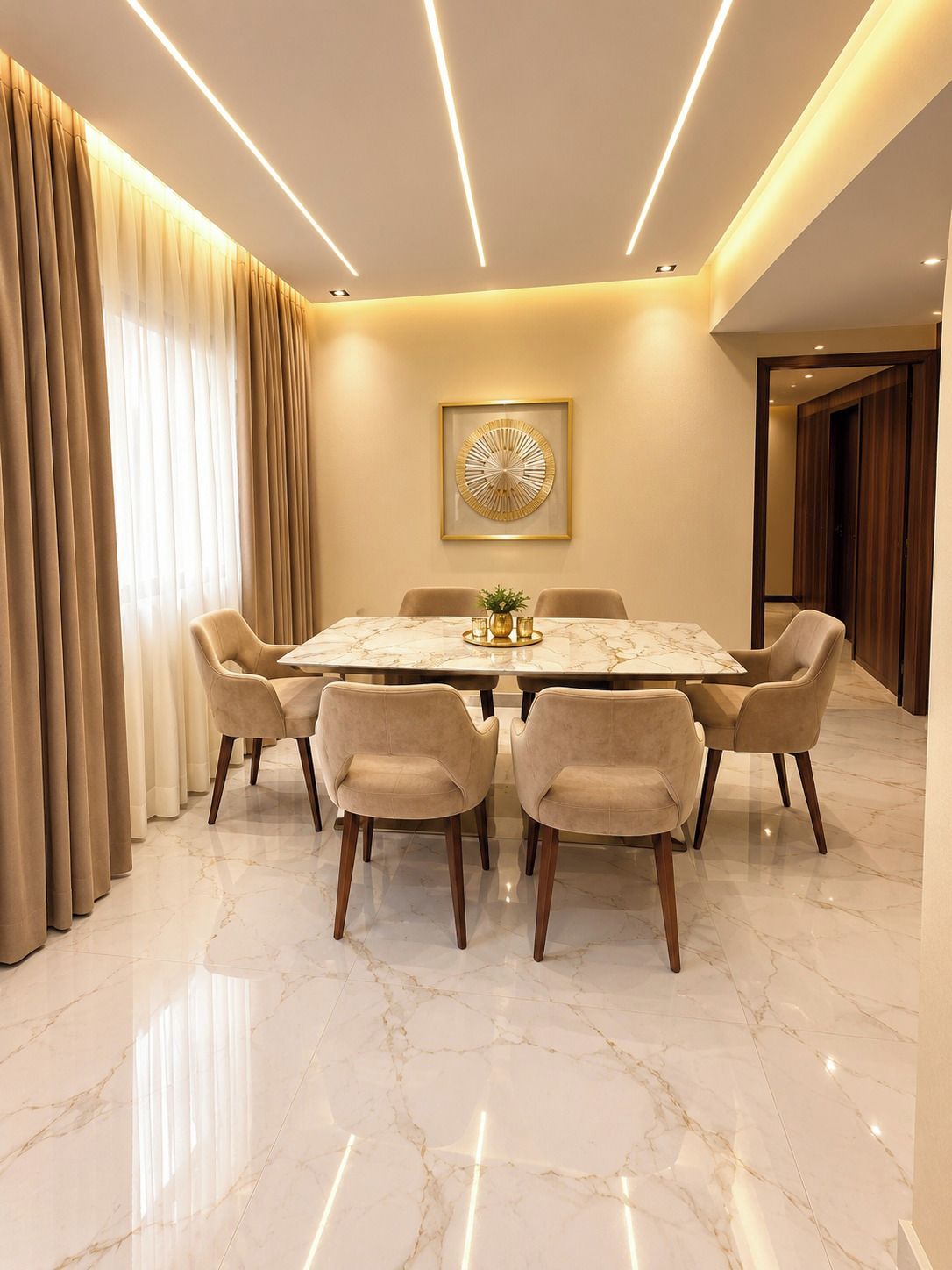 Un coin repas comprenant une table en marbre, six chaises et un élément décoratif mural.