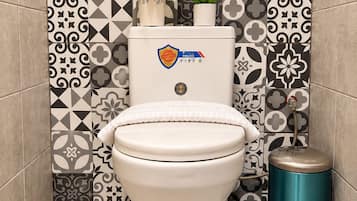 Eine Toilette mit weißem Sitz und Deckel, einem Toilettenpapierhalter und einem Mülleimer in einem Badezimmer mit gemusterten Fliesen.
