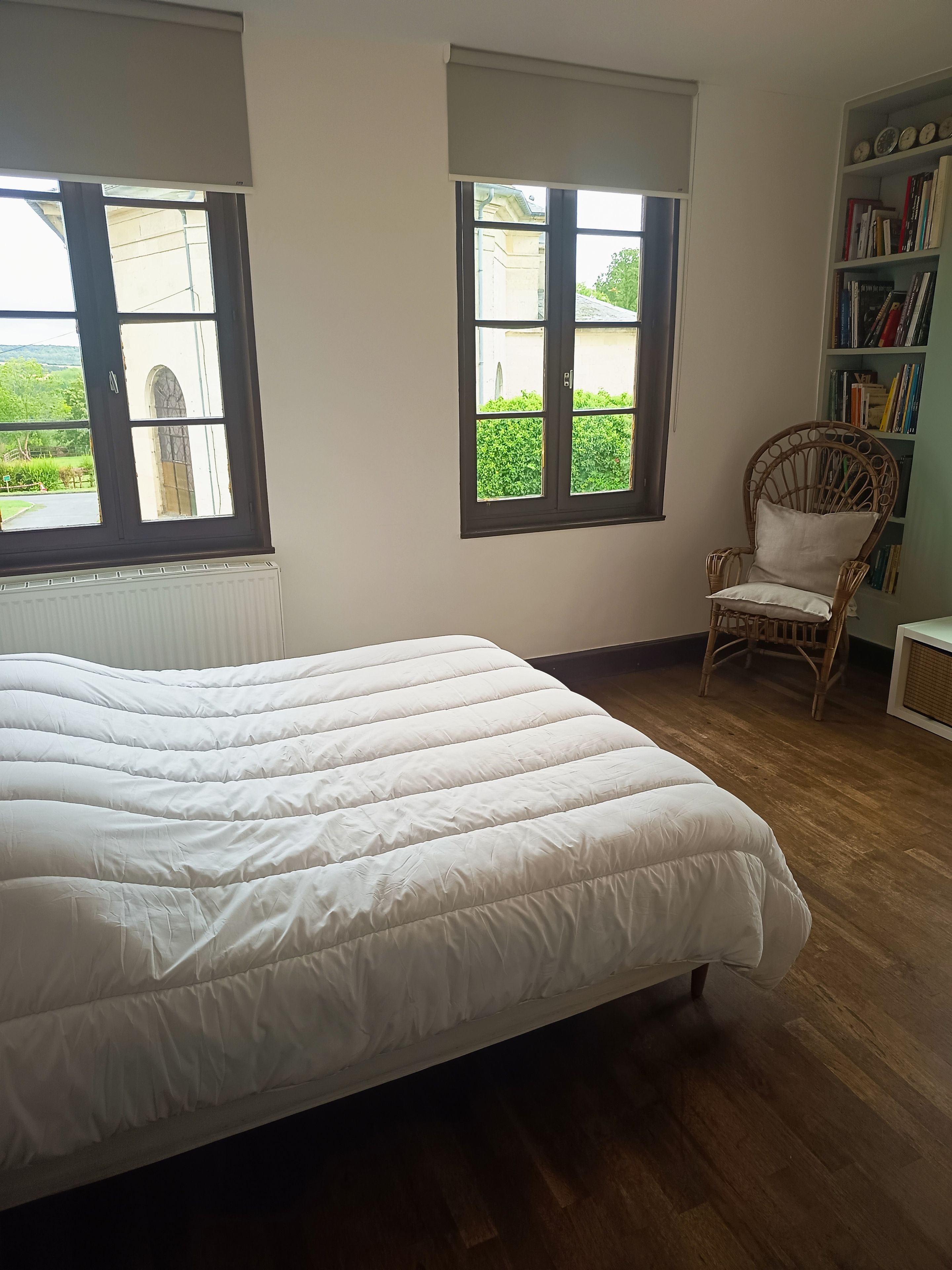 Une chambre à coucher avec un lit, deux fenêtres, une chaise et une bibliothèque.