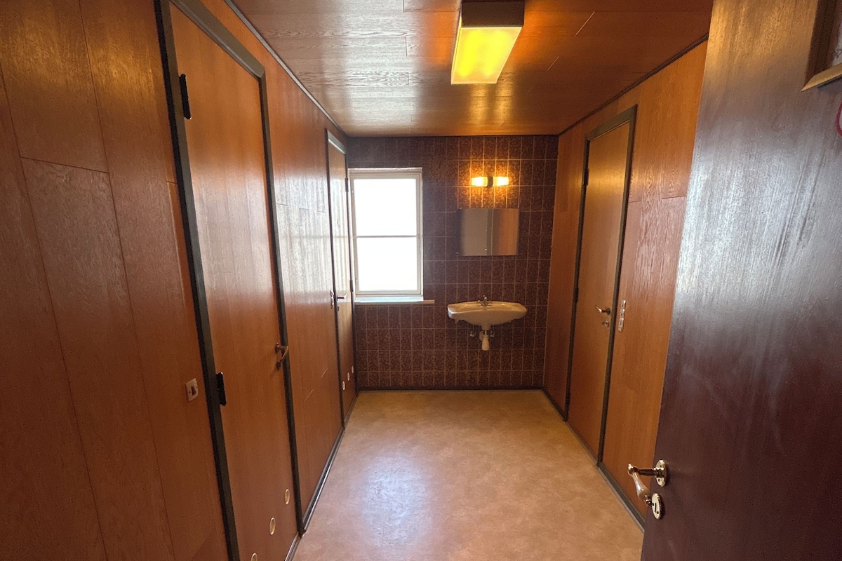 A hallway with wooden doors, a window, a sink, and a ceiling light fixture.
