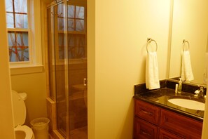 A bathroom with a glass shower enclosure, a toilet, a sink with a mirror, and a towel rack. - 3-bedroom private guesthouse with door parking & water filter (Annandale)