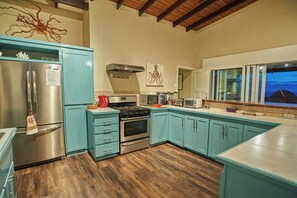 A kitchen with teal cabinets, stainless steel appliances, and a wooden floor.