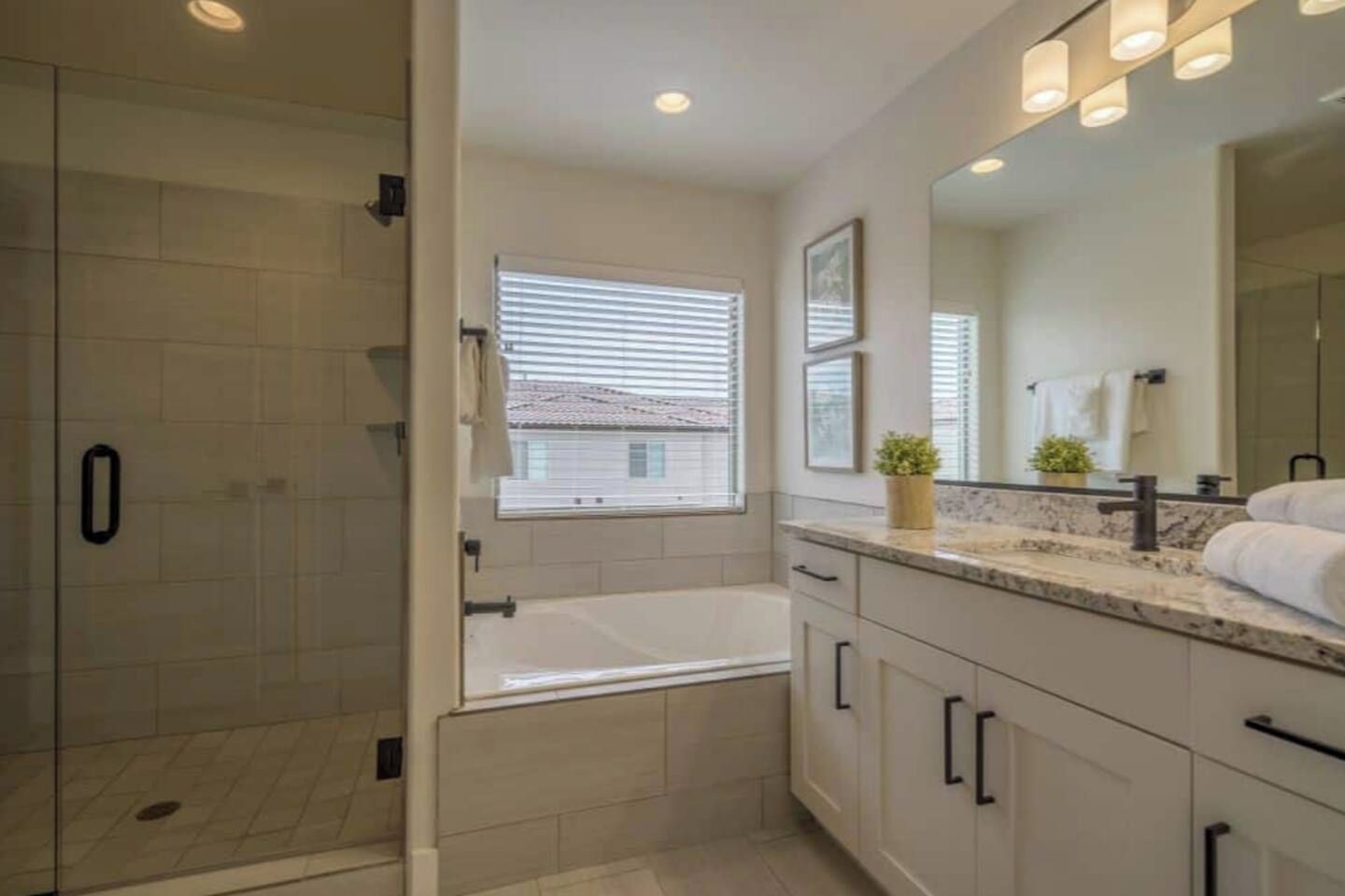 A bathroom with a walk-in shower, a bathtub, a large mirror, and a countertop with a plant.