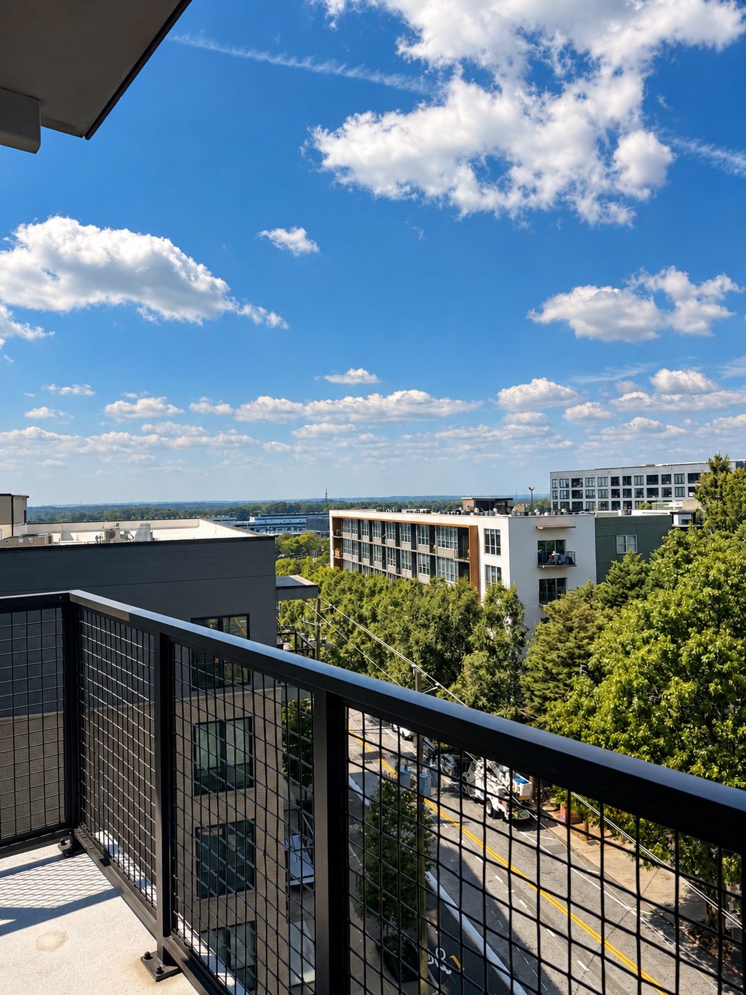 A balcony with a view of a cityscape, including buildings and a clear sky.