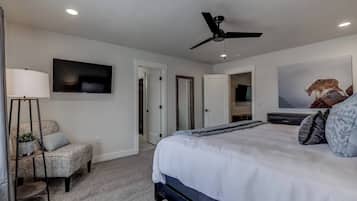 Un dormitorio moderno con una cama grande, un ventilador de techo, un televisor de pantalla plana y un cuadro de un paisaje montañoso.