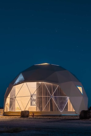 Estructura en forma de domo geodésico con una ventana central y una puerta, rodeada por un cielo nocturno despejado.