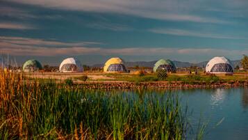 A row of geodesic dome structures by a body of water with a clear sky.