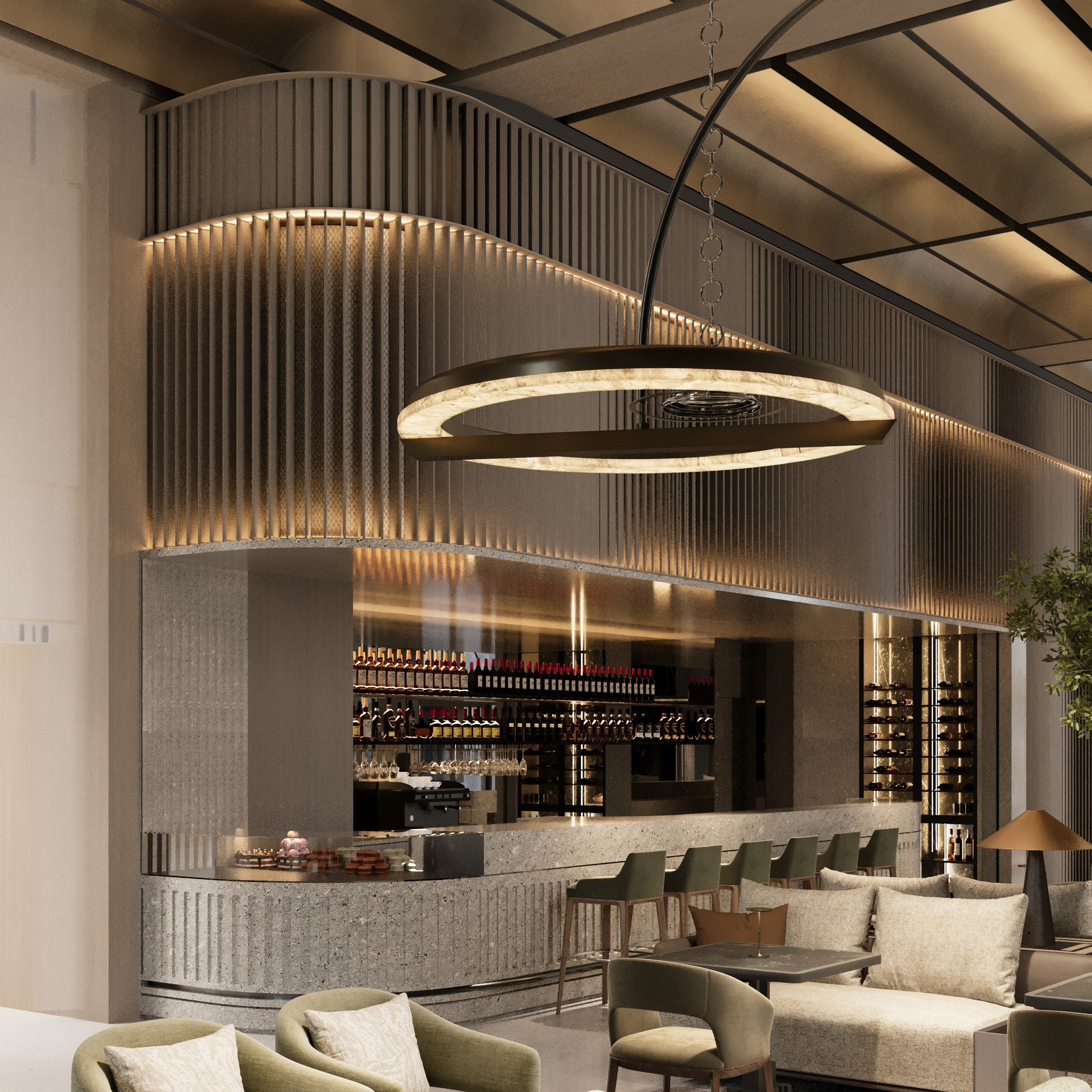 A modern bar area with a curved counter, seating arrangement, and a unique lighting fixture.
