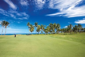 A golf course with a clear sky, palm trees, and a view of the ocean. - Denarau | Group Island Paradise | Full Kitchen & Balcony | 2BR (Nadi)