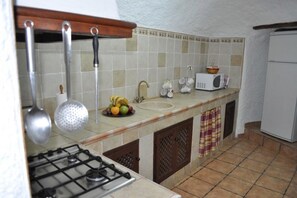A kitchen with a gas stove, hanging utensils, a microwave, and a sink. - La Mina Cave House in Castilléjar (Castilléjar)
