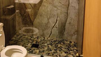 A bathroom with a marble wall, a glass shower enclosure, a toilet, and a sink with a mirror.