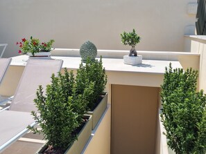 A rooftop terrace with potted plants, a decorative spherical object, and a seating area.