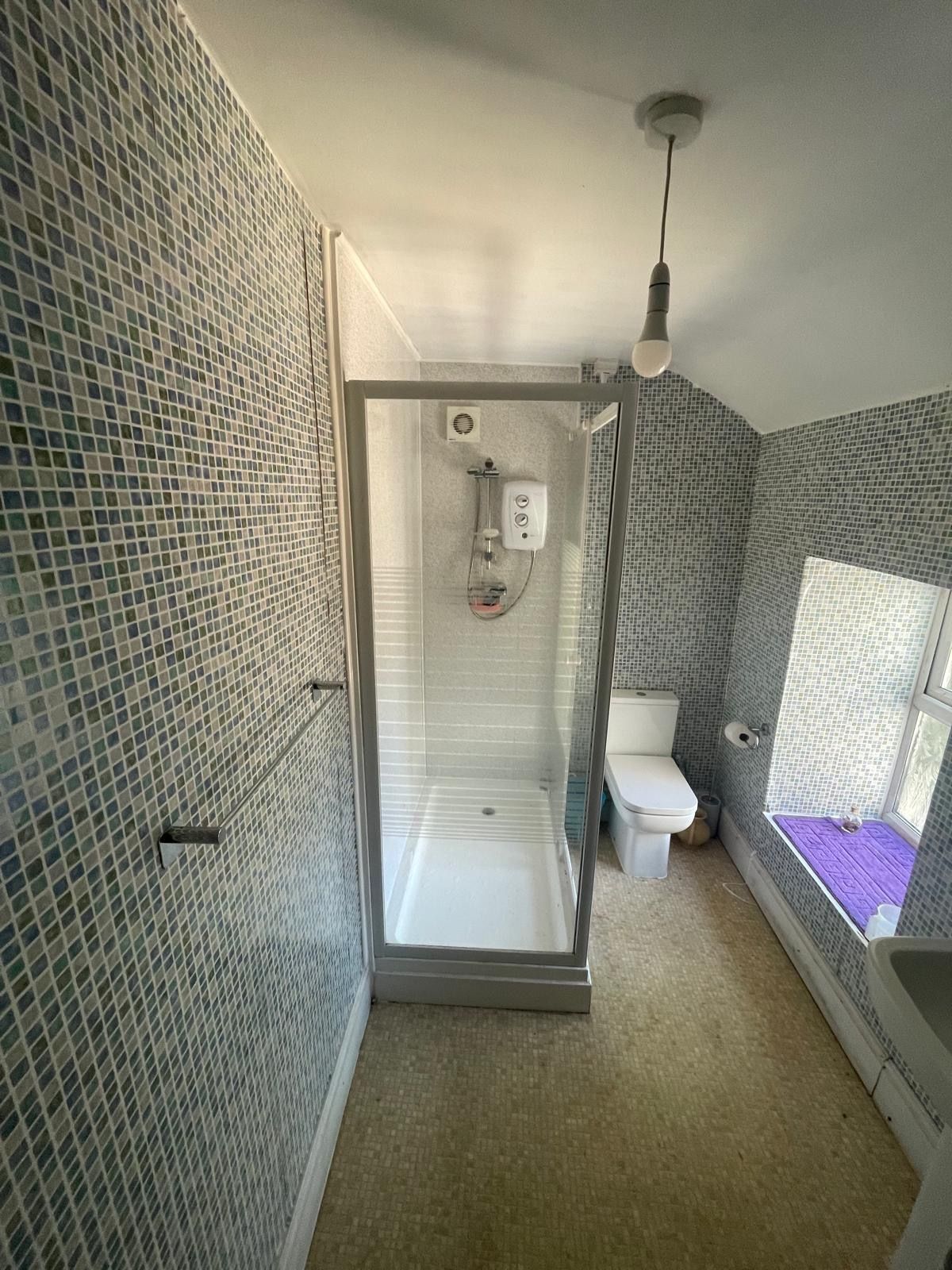 Ein Badezimmer mit einer Duschkabine, einer Toilette und einer Badewanne mit einer violetten Matte.