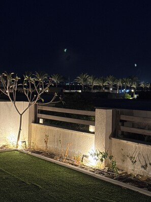 A nighttime view of a landscaped area with a bench, palm trees, and a low wall.