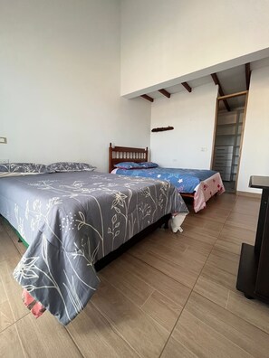 Habitació amb dos llits, un panell de capçalera de fusta, un armari i una televisió.