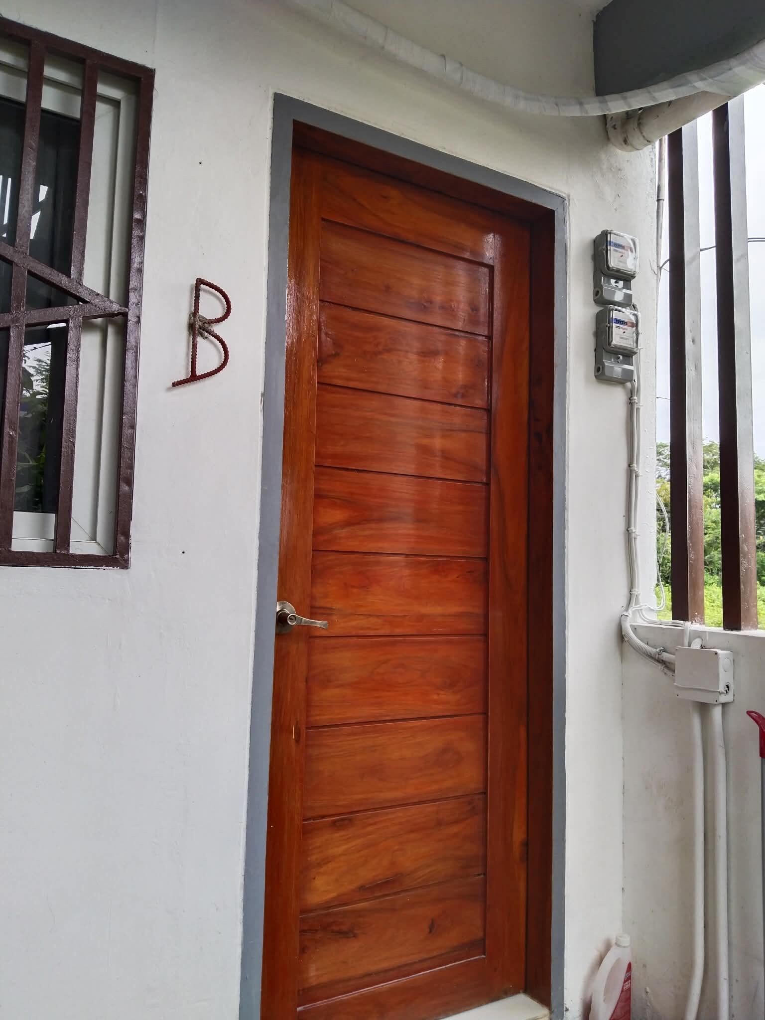 A wooden door with a metal handle, a letter 'B' on the wall, and electrical boxes on the right.