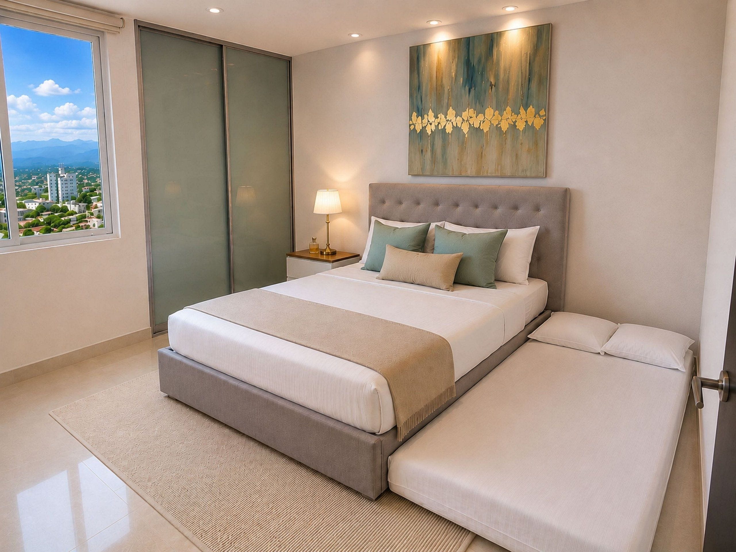 Une chambre moderne avec un grand lit, une table de chevet, une lampe, un tableau au mur et une vue sur la ville par la fenêtre.