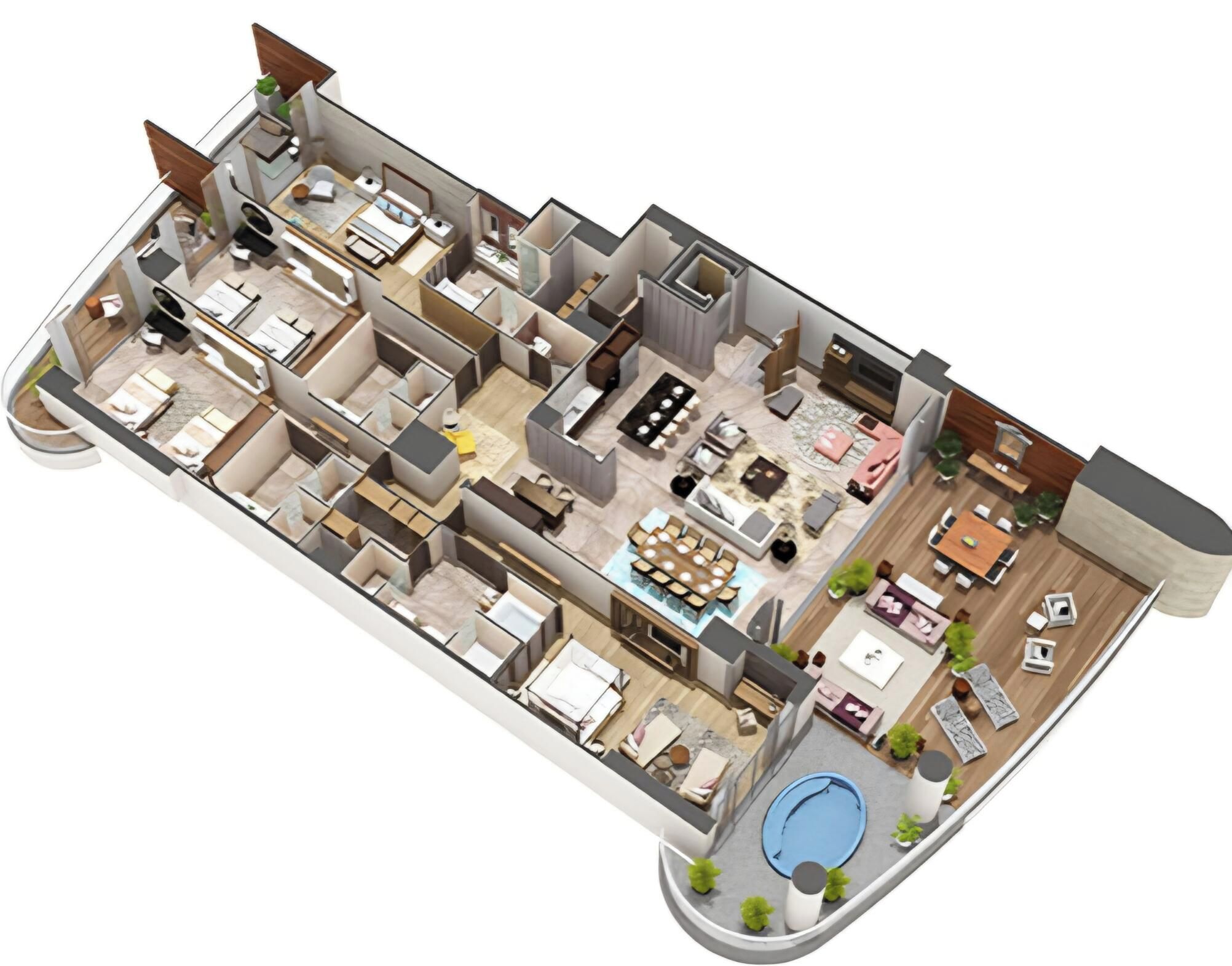 A 3D model of a modern apartment with a living room, kitchen, dining area, and a small balcony.